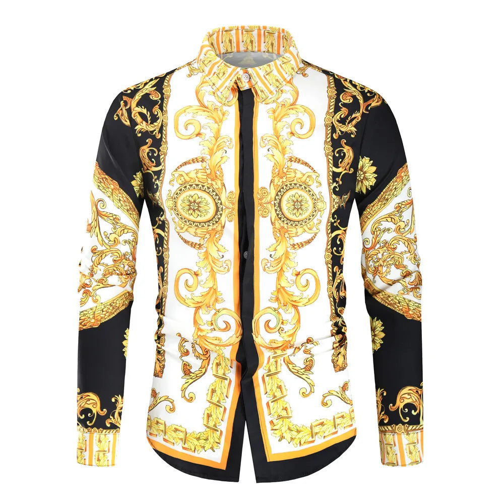 Men's Autumn Fashion Long Sleeve Shirts Casual Printed Slim Lapel Vintage Anti-Wrinkle Breathable Eco-Friendly