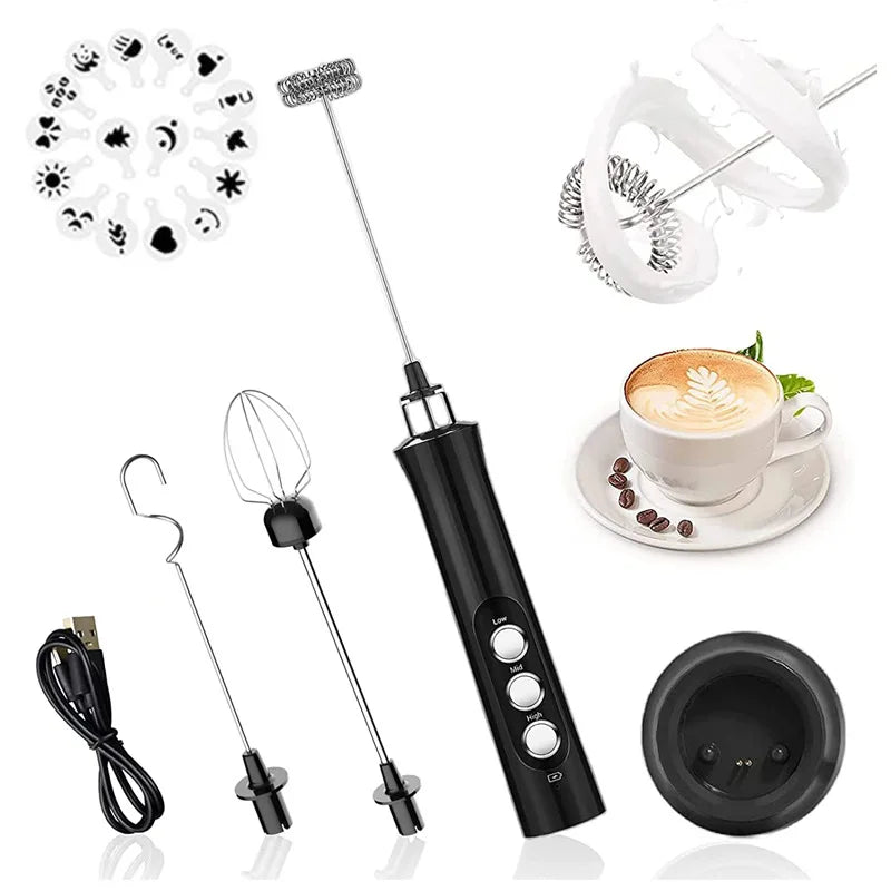 Rechargeable 3-Speed Electric Whisk Handheld Milk Frother with 3 Heads for Coffee & Tea Drink Mixer Tool