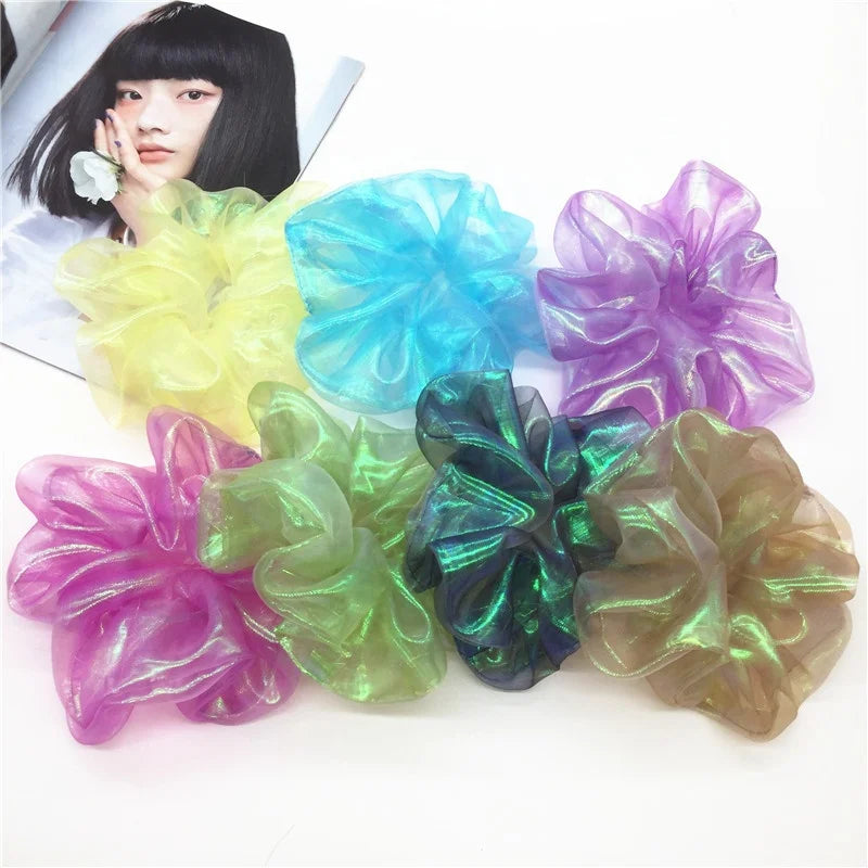 Jumbo laser fabric hair scrunchies ladies fashion shiny hair twisters wholesale