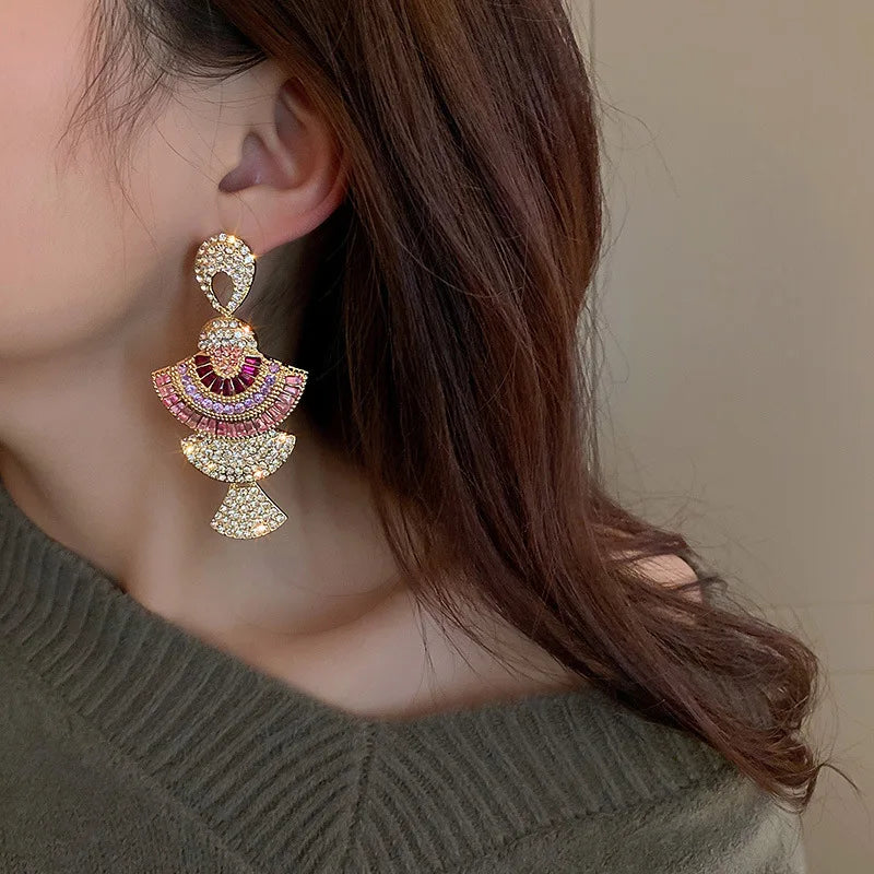 New Design Fashion Colorful Zircon Earrings Statement Rhinestone Earrings 925 Silver Needle Fan Dangle Earrings for Girls Women