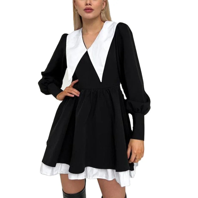 Fashion Doll Collar Black Dresses for Women 2023 Casual Lantern Sleeve Office Mini Dress Ladies Elegant Patchwork Dress