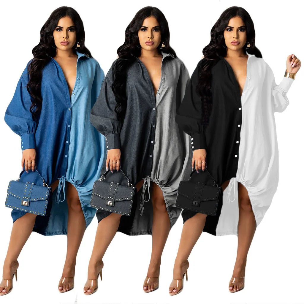 S-3XL Hot Sale Hem Loose Dress Drawstring Fashion Women Dress Multicolor Available