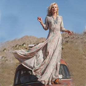 2024 New Spring and Summer Ethnic Printed Bohemian Long Skirt Chiffon Printed Tassel Long Sleeve Beach Dress