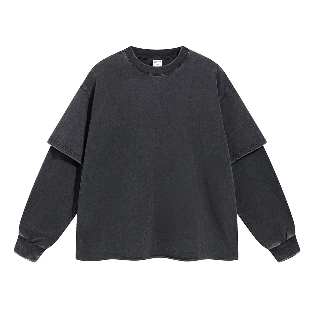 Custom Streetwear Double Layer Long Sleeve Tshirt DTG Printing Logo Vintage Acid Washed Men's T Shirt Men Oversized T Shirt