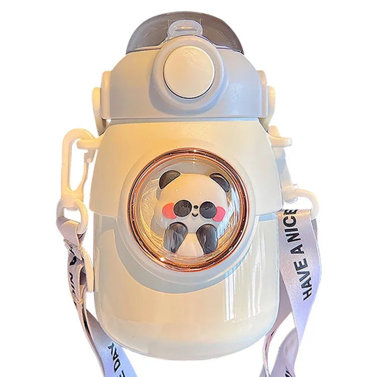 700ml Big Belly shoulder strap cartoon Cute Double Wall Stainless Steel Water Bottle straw drinking kids children water bottle