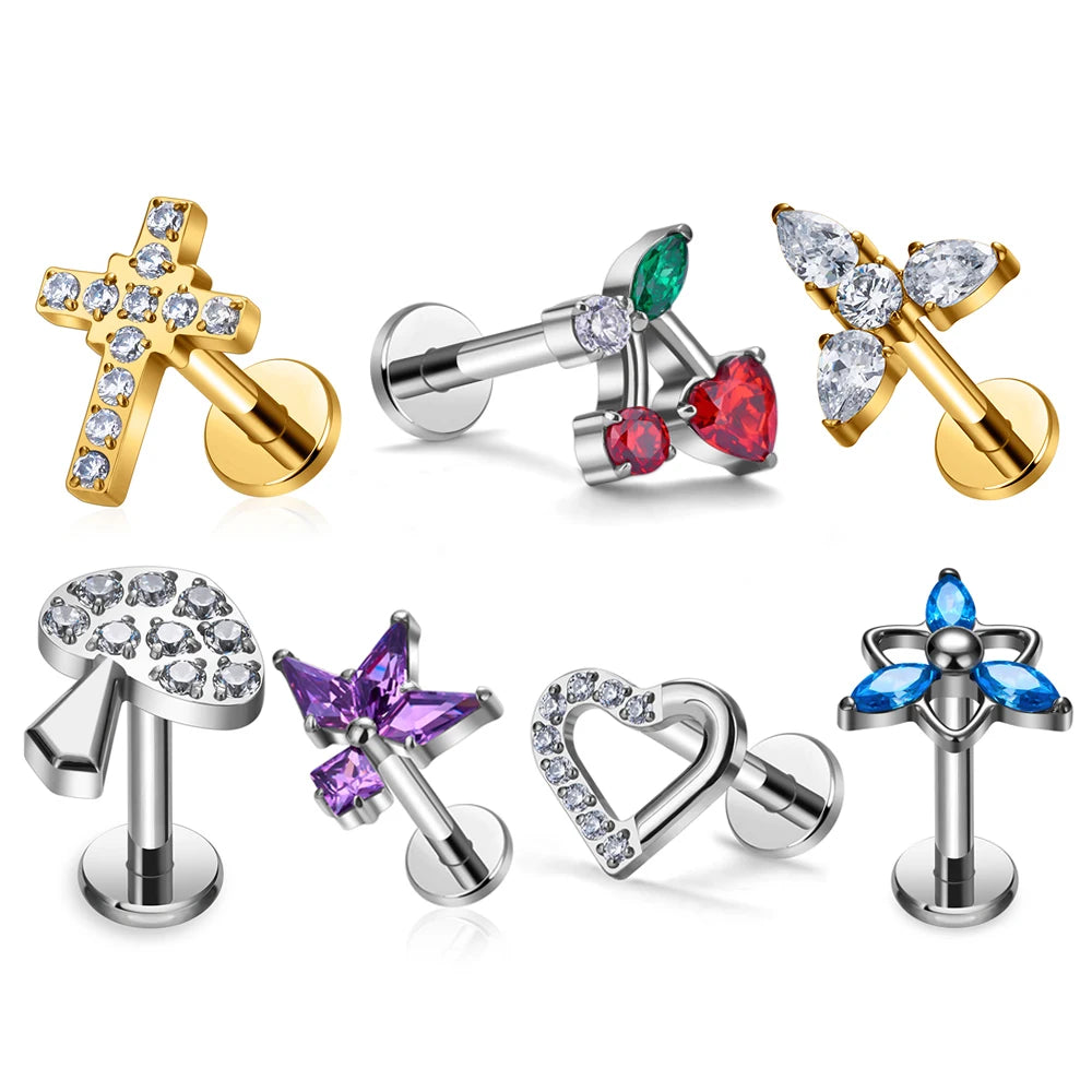 ASTM F136 Titanium Nose Stud Earrings Cherry Cross Heart Shaped 16G CZ Inlay Tragus Cartilage Helix Daith Body Piercing Jewelry