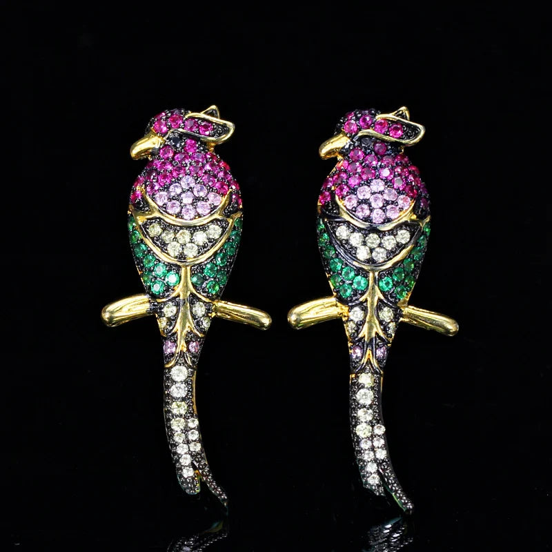 Special Design Gold Plated Colorful CZ Cubic Zircon Stones Cute Lucky Parrot Bird Shape Drop Earring for Women Fashion Jewelry