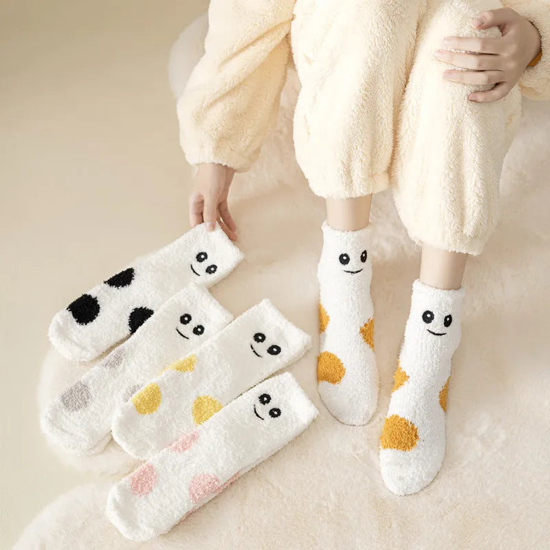 MIO Cute Super Soft Fuzzy Cozy Home Floor Socks Crew Design Cute Smiling Face Coral Fleece Socks Winter Thick Warm Funny Socks