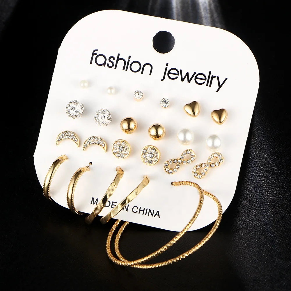 Fashion Bohemian Hoop Stud Earring Set for Women Heart Ball Pearl Charms Jewelry Gold Plated Alloy Hot Selling