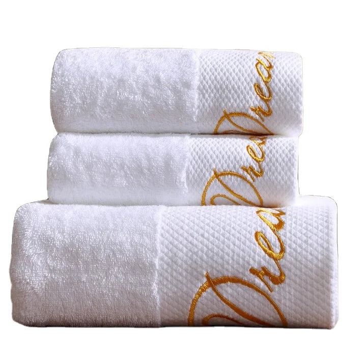 5 Star Hotel Towels White Custom logo Bathroom Linen 100% Cotton Face Hand Bath Hotel Towel Set