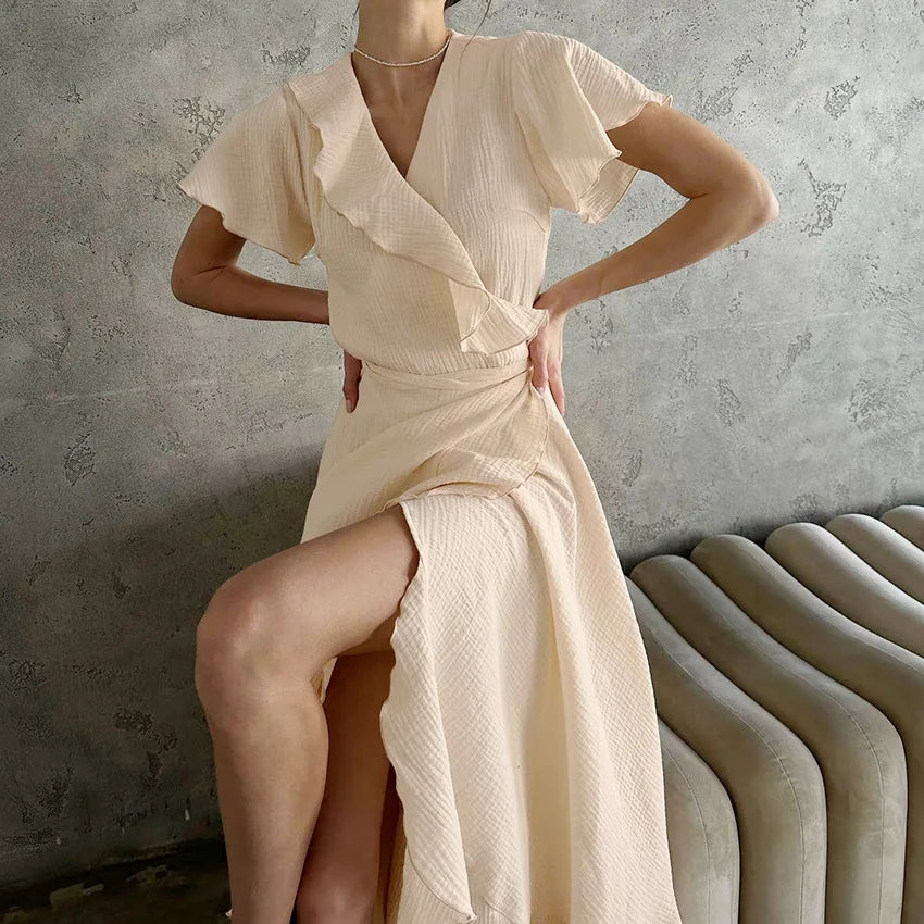 New Arrival Long Dress Wrap Cotton Nightgown Women Short Sleeve Woman Dress Ruffled Women's Night Peignoir 2023 Summer Elegant