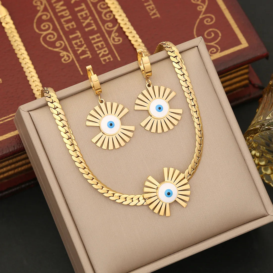 Personality Fashion Gold Plated Jewelry Set Stainless Steel Sunflower Eyes Earring Necklace Bracelet for Women