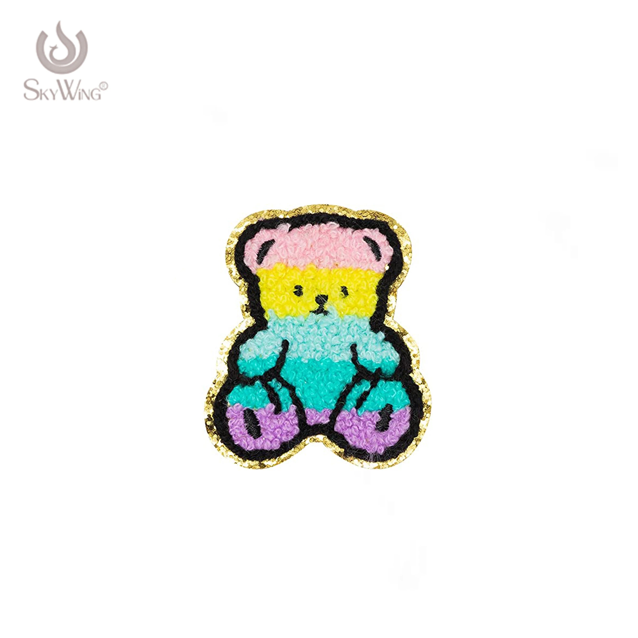 Custom Cute 3D Embroidery Patch Colorful Bear Iron-On Chenille Sequin Fabric Patches for Clothing