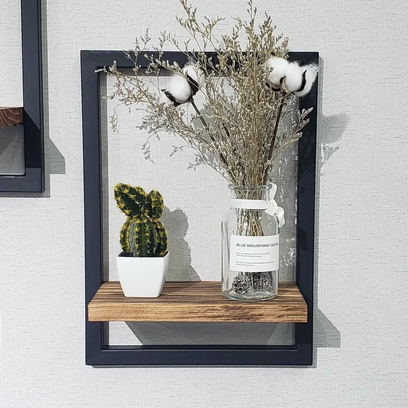 Hot Sale Set 2 Modern Farmhouse Storage Wood Shelves Wall Mounted Square Metal Frame Floating Shelves Art Wall Handmade
