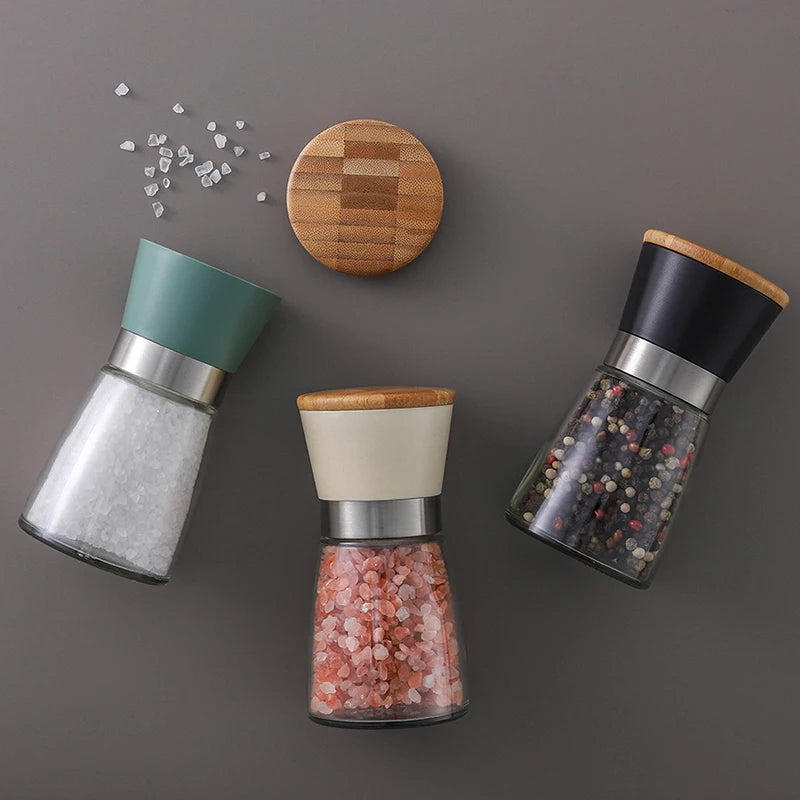 Household Plastic Spice and Herb Mills Bamboo Lid Ceramic Burr Manual Salt and Pepper Grinder