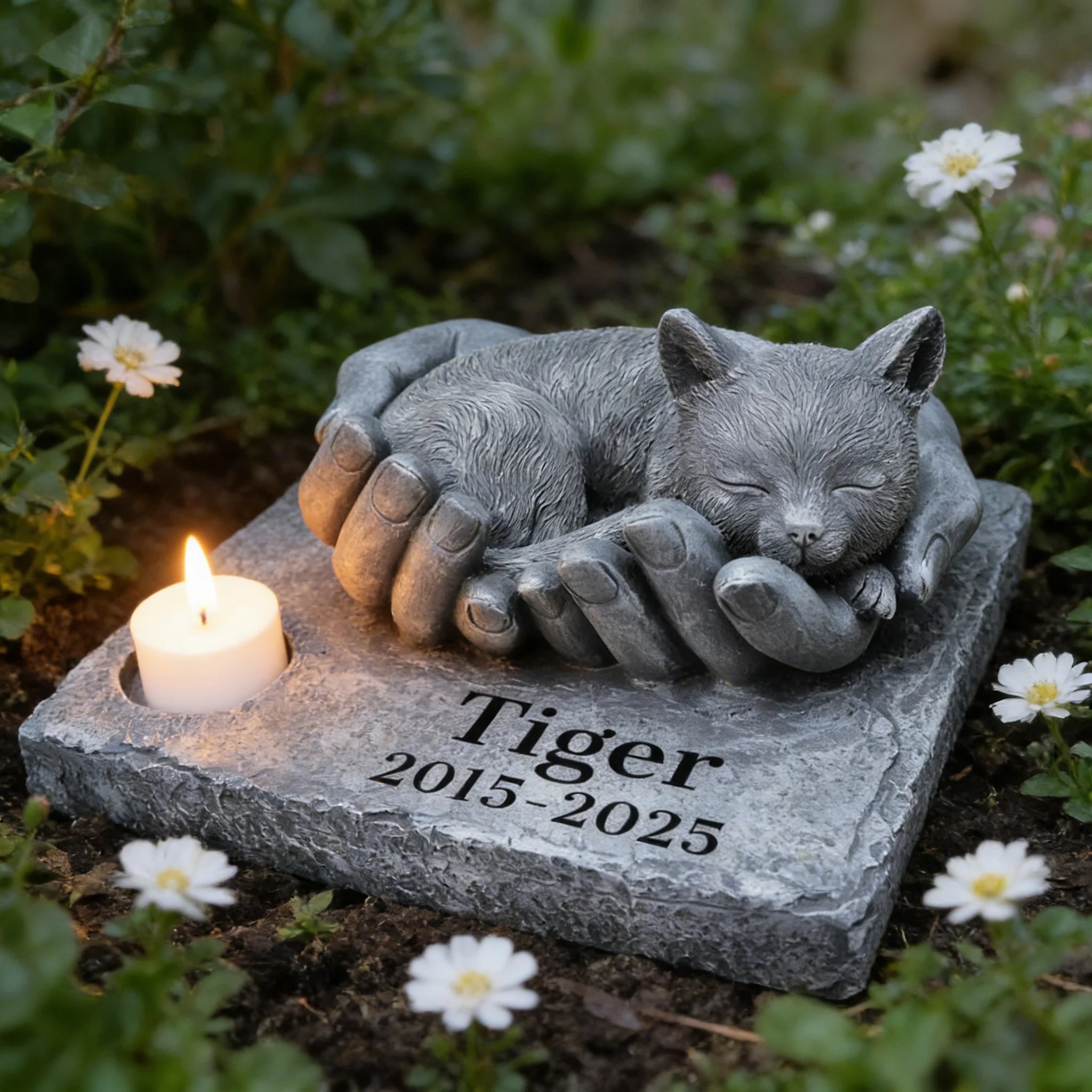 Resin Cat Memorial Statue - Engravable Name/Date Hand-Holding Design with Candle Holderoral Accent Ideal for Garden Marker