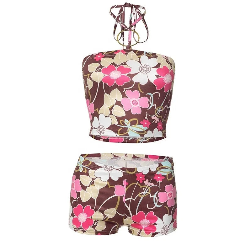 2024 Women's Summer Sleeveless Top Pants Set with Floral Printing Hanging Neck Strapless Short Length Two Piece Suit