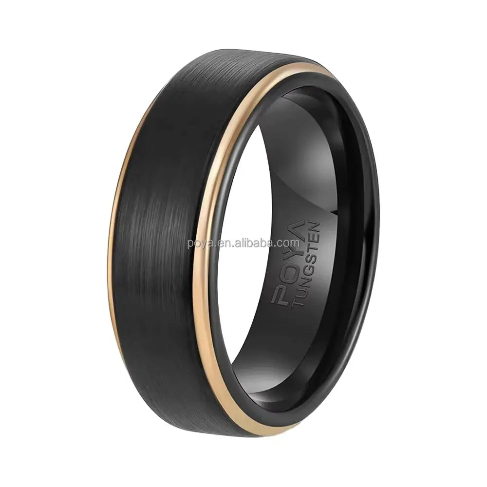 POYA 8mm Tungsten Wedding Ring Vintage Style Black Brushed Rose Gold Stepped Edges for Engagement & Gift