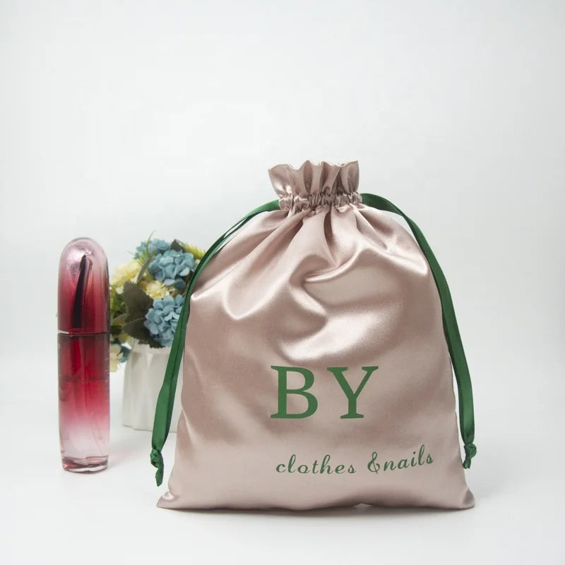Custom Logo Printed  Pink Satin Wig Bag Luxury Cloth Collection Drawstring Pouch