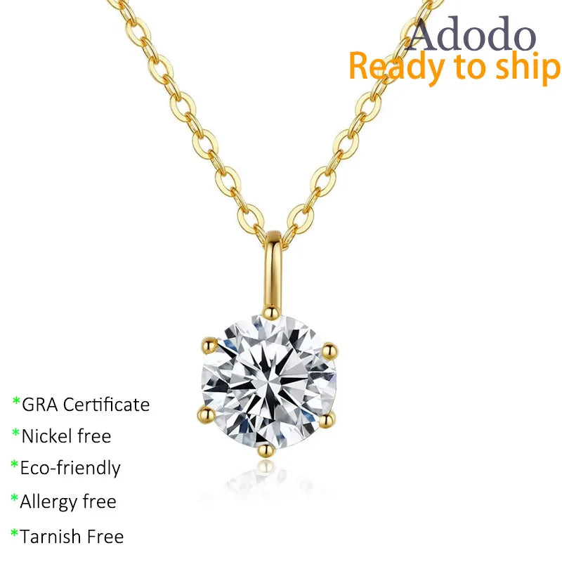 Classic Round Cut 1CT VVS GRA Moissanite Pendant Necklace 925 Sterling Silver 14K Gold Plated Non Tarnish Fine Jewelry for Women
