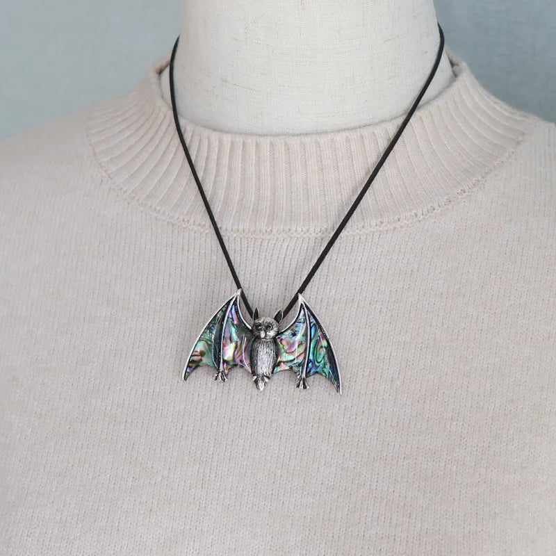 Huiying Abalone Bat Wings Healing Shell Pendant Witchy jewelry Silver Toned Textured Bat Pendant