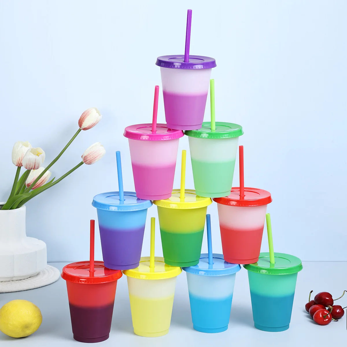 Food Grade Plastic Reusable Cold Magic Drinking Temperature Change Color Cup with Lid
