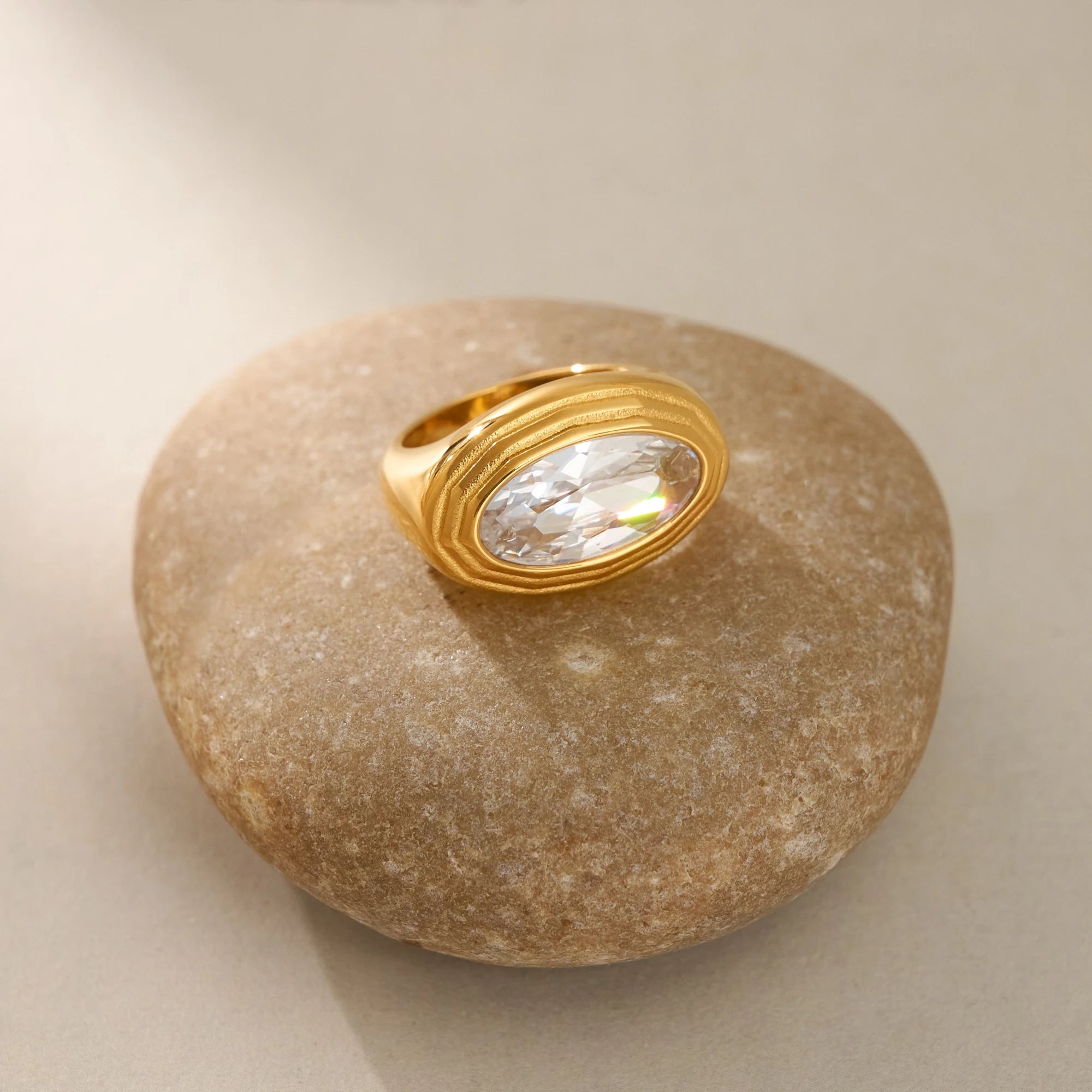 NEW VINTAGE OVAL STRIPE CLEAR LARGE ZIRCON MODESTY RING 2025 Dazan SUMMER 18k PVD Gold Plated Stainless Steel SPRING JEWELRY