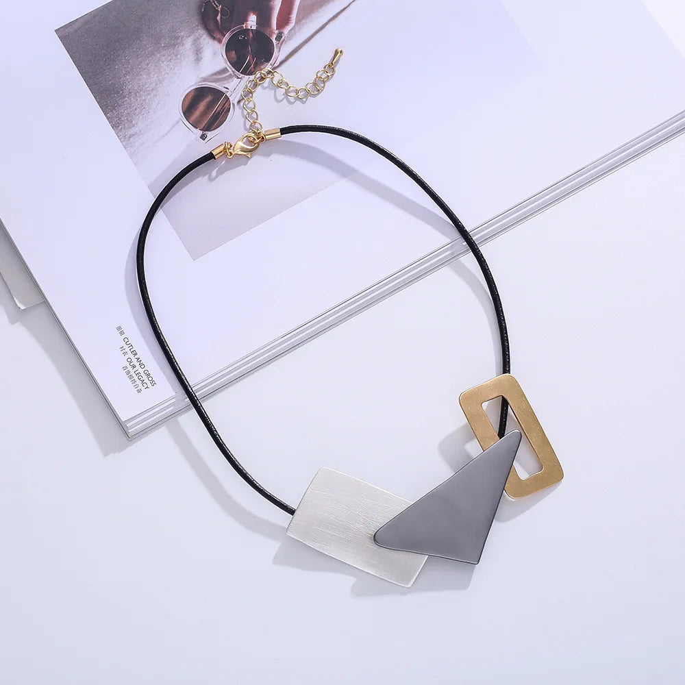 TongLing Necklace Alloy Black Thin Leather Rope Strand String Big Gold Triangle Silver Grey square Block Women Choker Necklace