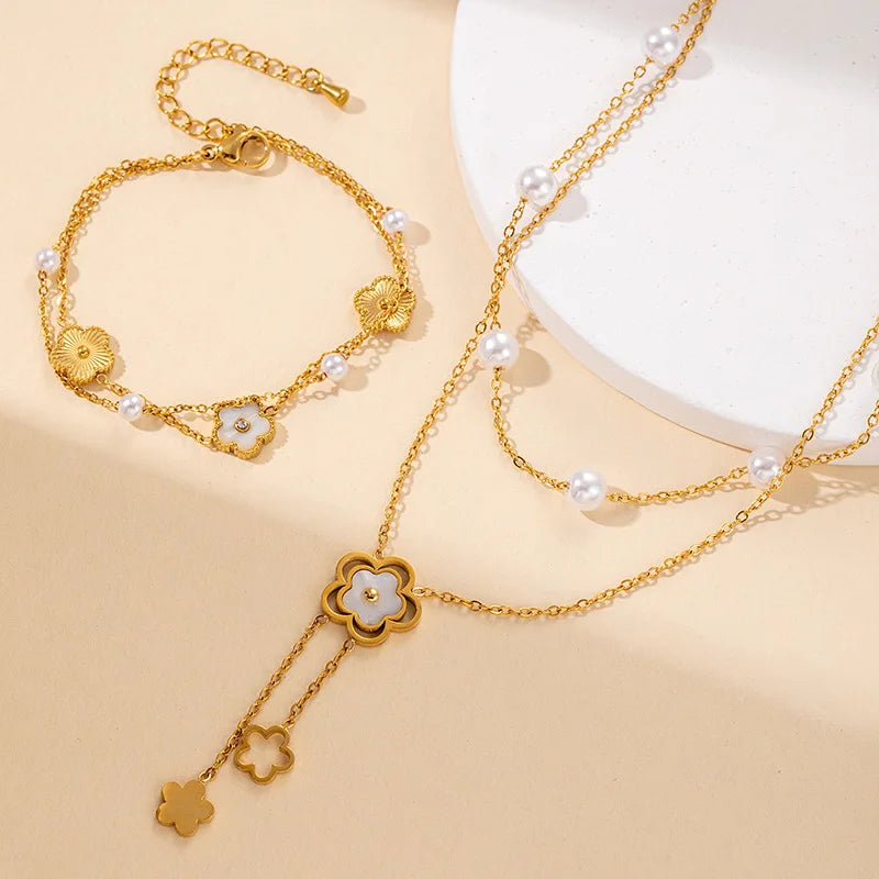 Luxury 316L Stainless Steel Imitation Pearls Multiple Flowers Necklace Bracelet for Women Simple Sweet Jewelry Set Gifts