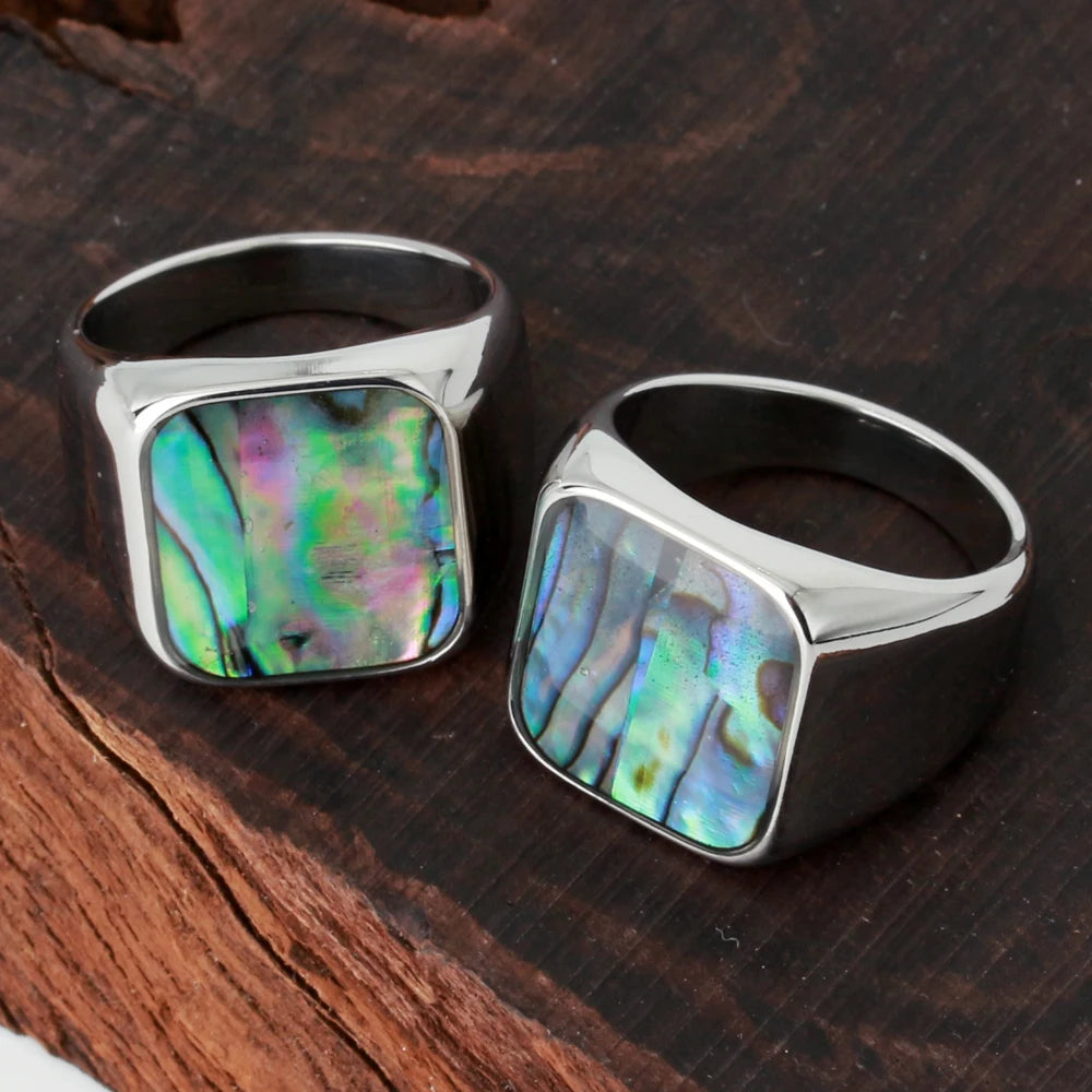 Non Tarnish Jewelry Waterproof Chunky Abalone Shell Signet Rings Wholesale Fashion Stainless Steel Finger Rings for Men