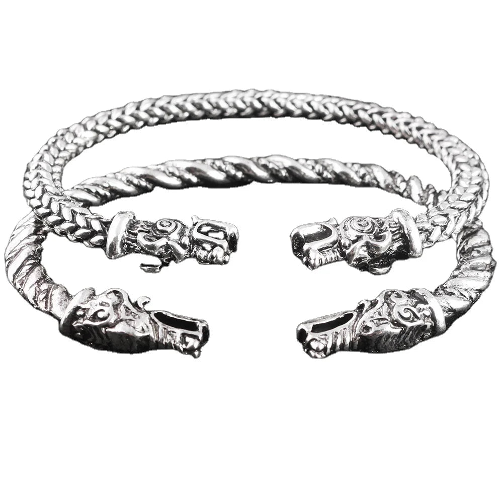 RisingMoon Silver Plated Pagan Dragon's Head Two Wolf Heads Alloy Viking Bracelet for Men Jewelry