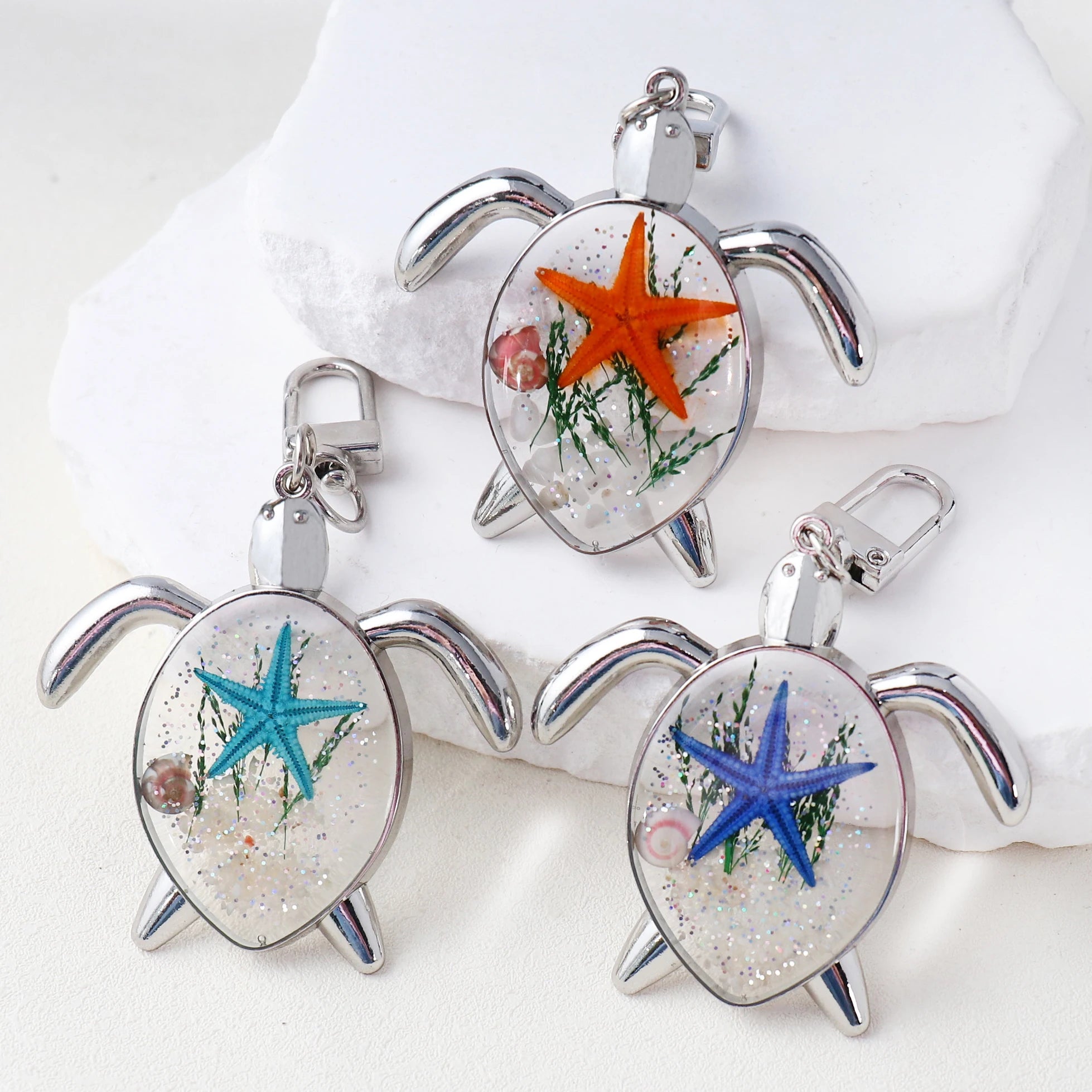 Personalized Beach Keychains Cute Sea Turtle Charm Pendant Key Chain Real Starfish in Resin Key Rings Animal Jewelry Key Holder