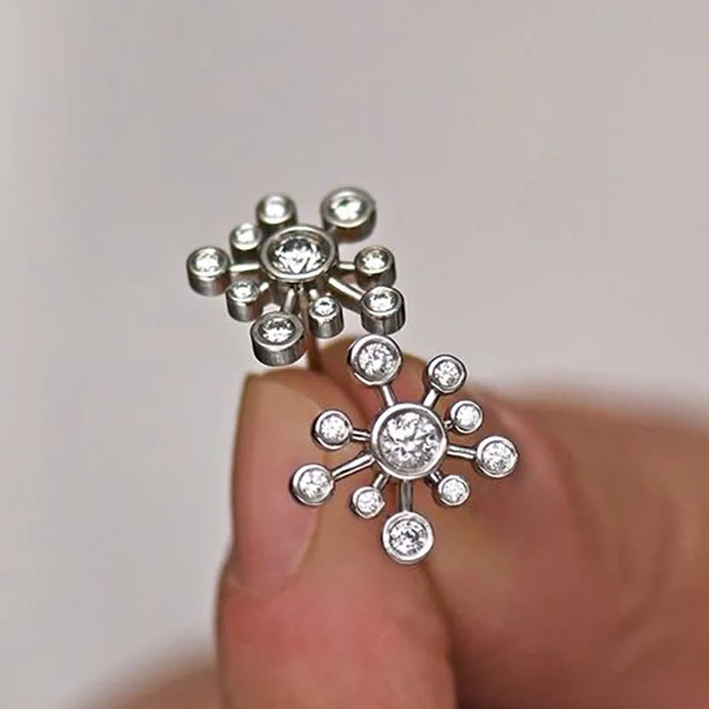 CAOSHI Unique Ear Stud Zircon Flower Shaped 925 Silver Plated Stud Earrings Party Wedding for Women Jewelry