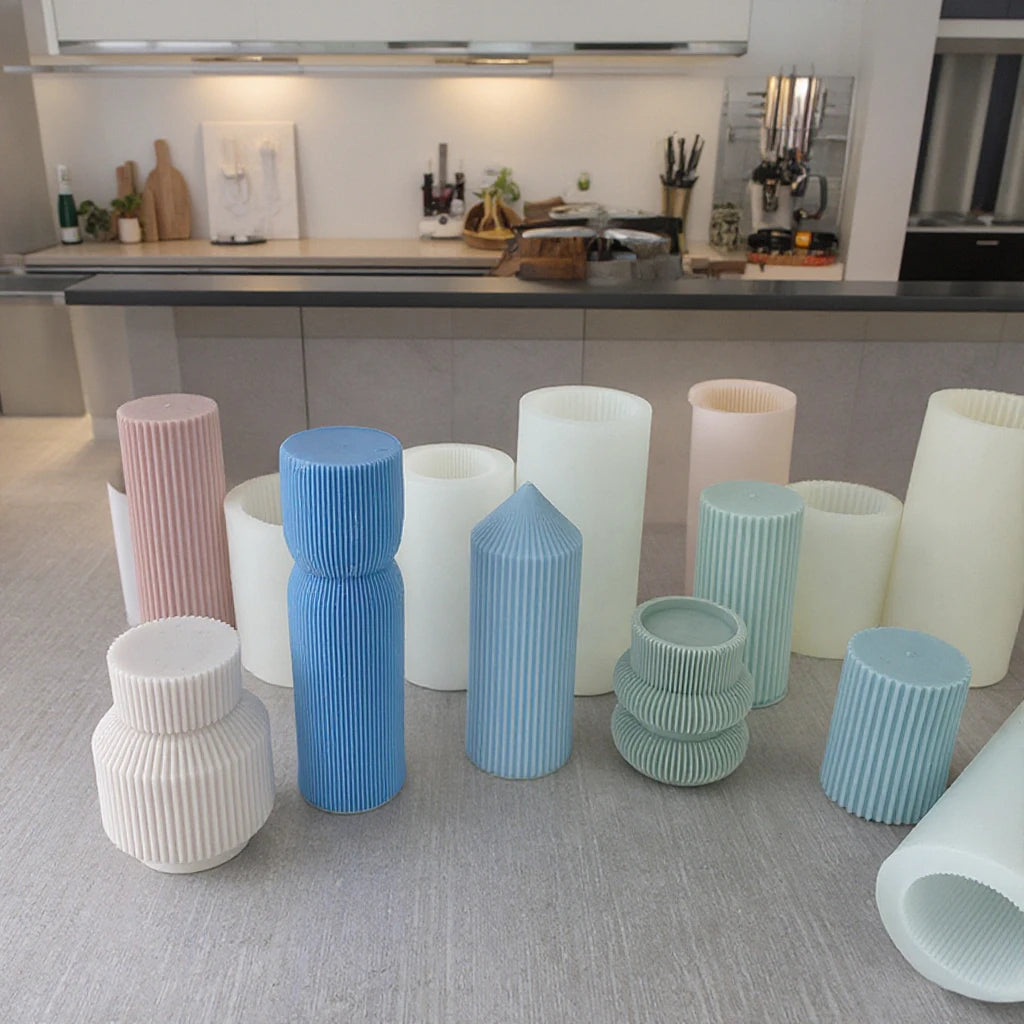 Popular DIY Decorative Cylinder Aromatherapy Candle Soap Handmade Mold 3D Geometric Stripe Column Silicone Candle Mold