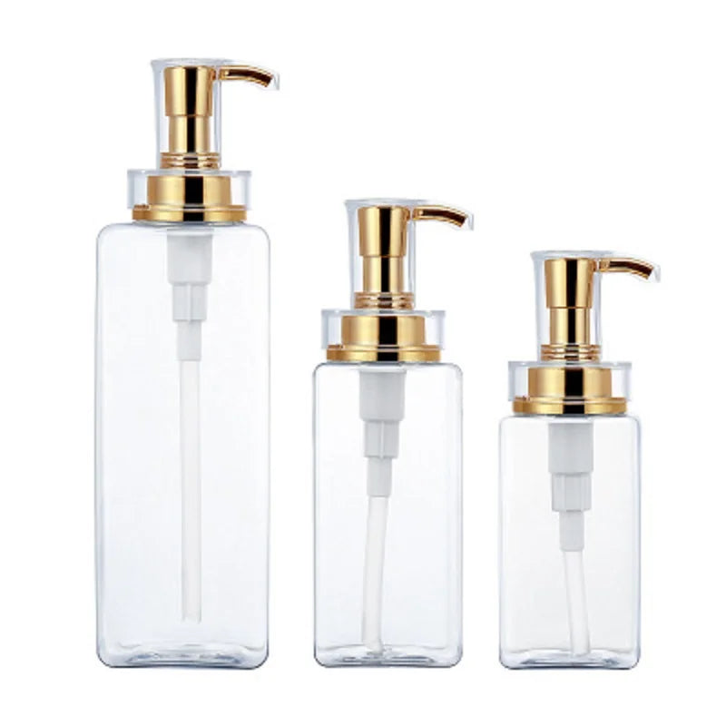 High-End 300~500ml Square Transparent/White Plastic Lotion Pump Bottle for Shampoo Essential Oils with Gold Electroplated Pump