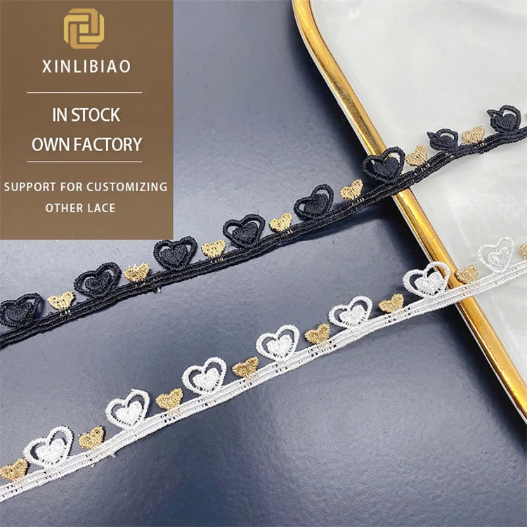 Heart Gold Thread Black Lace Milk Silk Small Bar Code Side Love Jewelry with Water-Soluble Lace Embroidery Accessories for Shoes