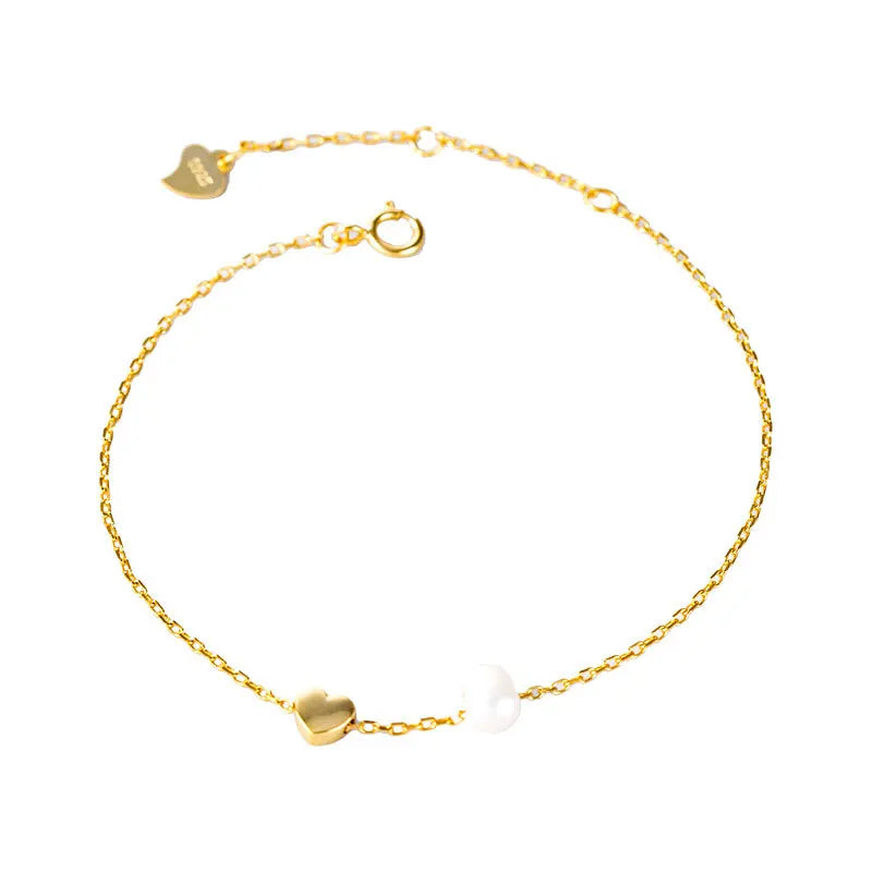925 Sterling Silver Fashion Jewelry Bracelets Single Pearl Heart Charm Gold Plated Bracelets for Women Kids Bracelets