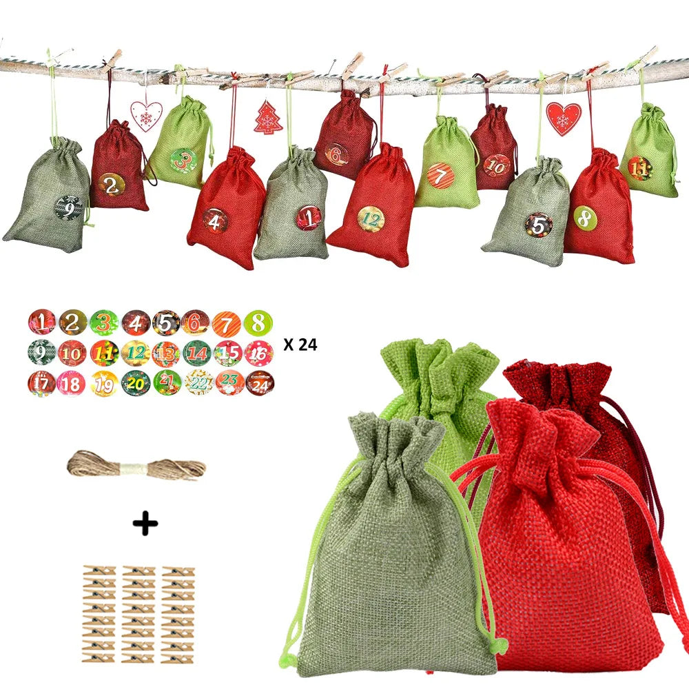 Luxury 4 Color Linen Pin Christmas Gift Bag 1-24 Digital Calendar Wedding Party Bundle Candy Wrapped Banner Set