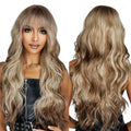 Factory Wholesale Price Blonde Ash Highlights Synthetic Heat Resistant Wigs with Bangs Light Brown Long Water Wavy Hairs Wig