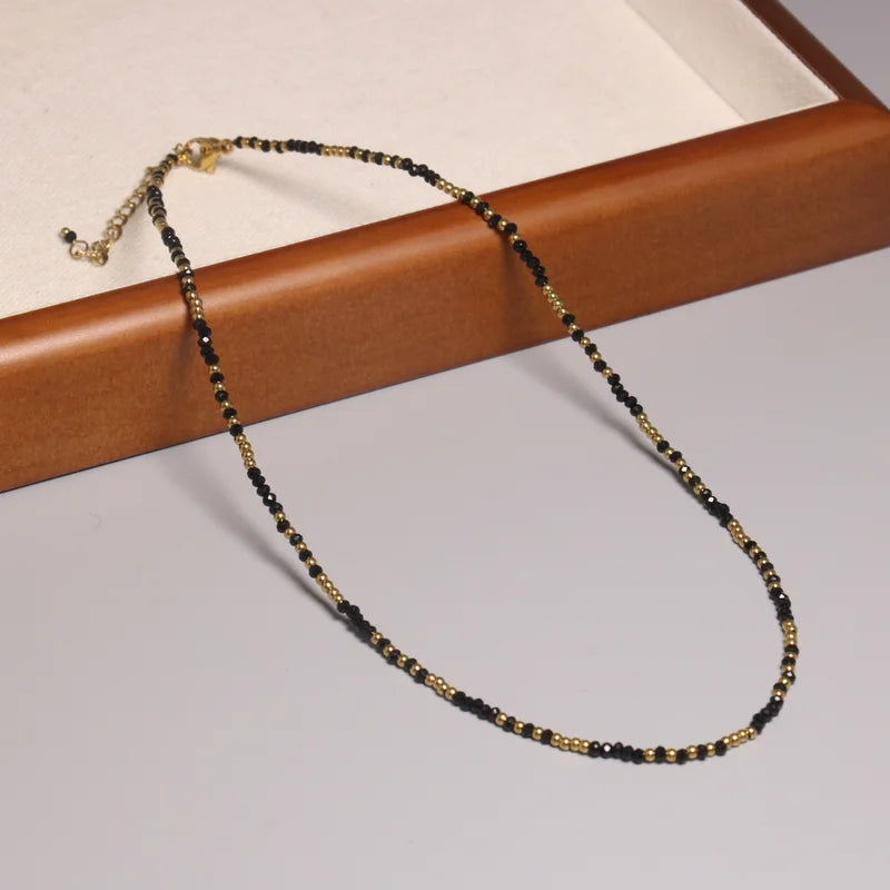 2mm Minimalist Black Spinal Gold Bead Healing Crystal Stone Necklace for Men Women Dainty Black Crystal Beaded Choker Gift
