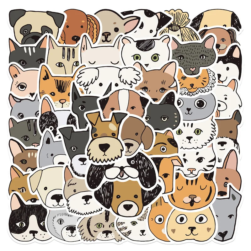 50pcs Cute Cartoon Aesthetic Vinyl Stickers Cat and Dog Mixed UV Printed Funny Meme Cool Trendy Animal Pet Waterproof Decals