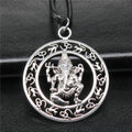 38x38mm Antique Silver Plated Indian Elephant God Om Pendant Black Leather Cord Rope Chain Necklace for Men N6-ABD-C14211