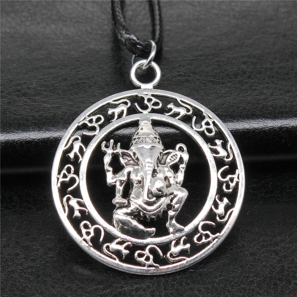 38x38mm Antique Silver Plated Indian Elephant God Om Pendant Black Leather Cord Rope Chain Necklace for Men N6-ABD-C14211