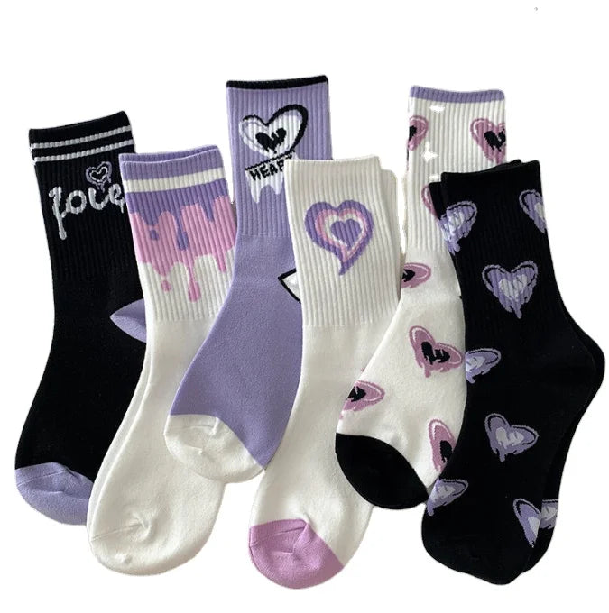 Autumn and Winter Striped White Purple love Graffiti Pattern Pure Cotton Warm Medium Tube Female Socks
