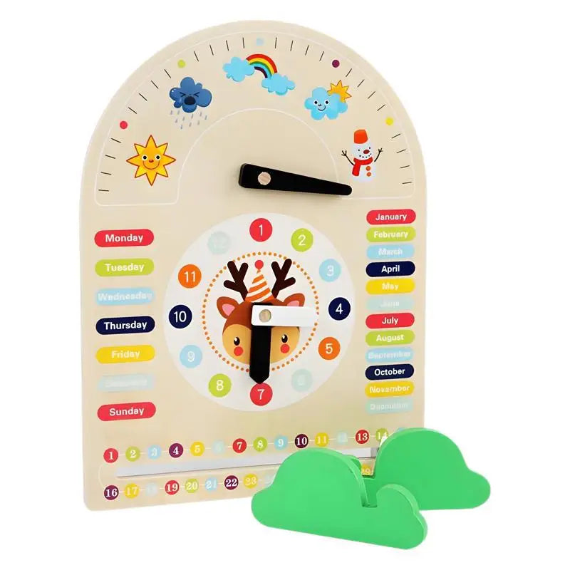 Children's Wooden Early Education Calendar Clock Baby Boy and Girl Time Weather Date 5-in-1 Teaching Clock Cognitive Puzzle Toy
