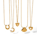 Waterproof Jewelry Stainless Steel 18K Gold Plated Cubic Zircon Geomestone Opal Moon Heart Necklace for Women