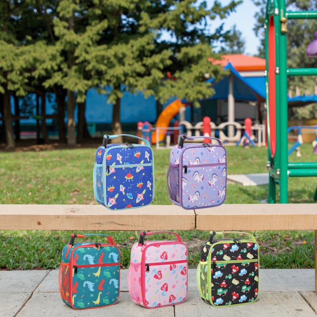 Kids School Picnic Bag Waterproof Insulated Unicorn Dinosaur Rocket Pattern Thickened Aluminum Foil Box with Strap and Zip