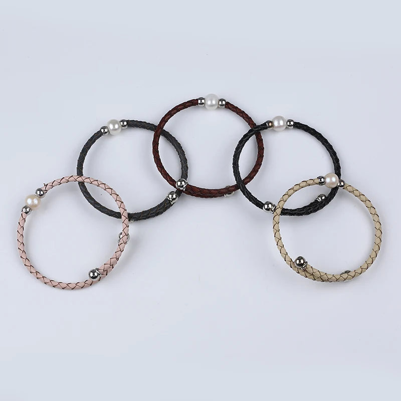 Zhuji 10-11mm Beaded Bracelet Potato Shape Natural Freshwater Pearl with Leather Rope for Gift or Party