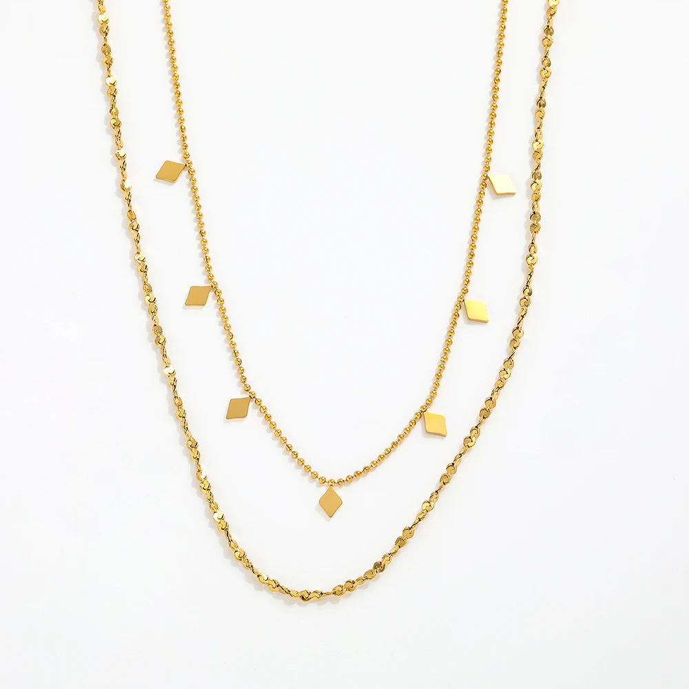 Joolim Jewelry 18K Gold Plated Sparkling Double-layer Rhombus Pendant Beads Chain Necklace Stainless Steel Jewelry Wholesale