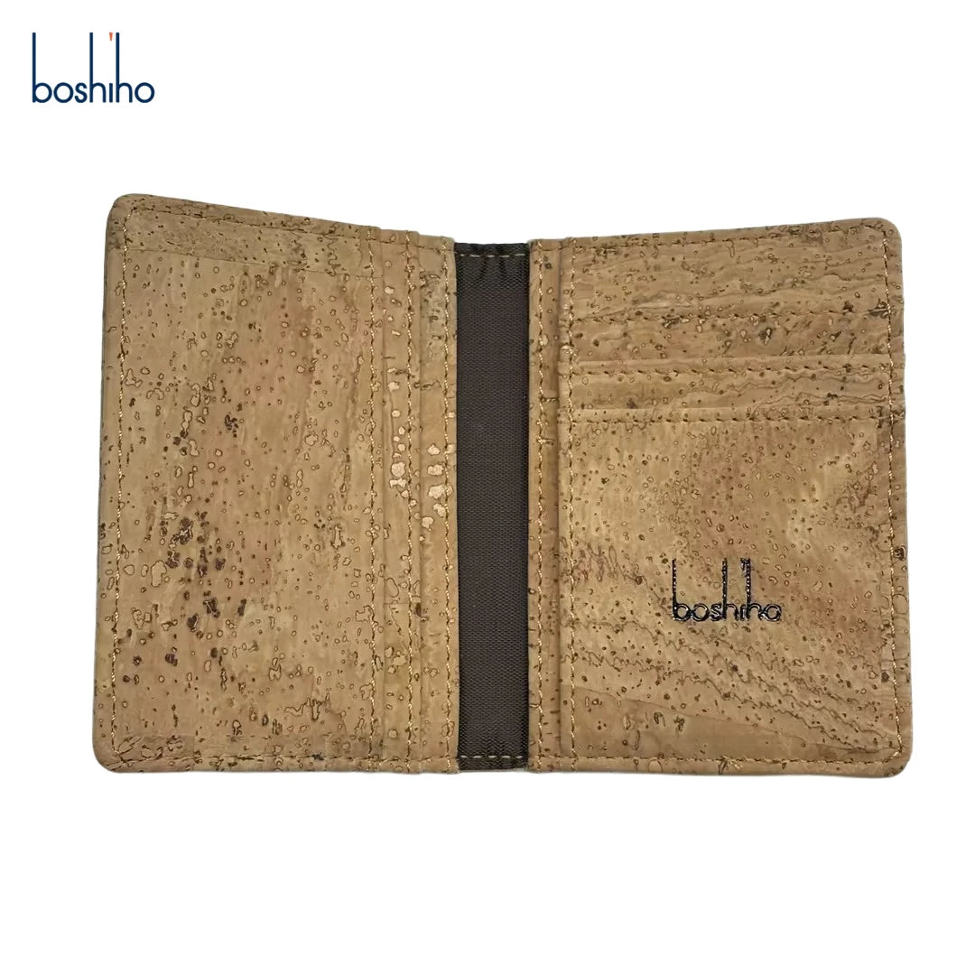 Boshiho Anti-Static Vintage Cork Leather Card Holder Wallet Natural Vegan Zipper Closure Factory Wholesale Men Women